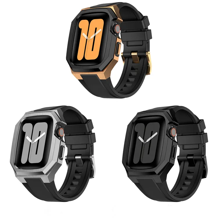 Boîtier en acier inoxydable et bracelet de montre en caoutchouc fluoré pour Apple Watch 4 5 6 7 8 SE 44mm 45mm hommes bracelet de montre de sport bracelets intelligents accessoires