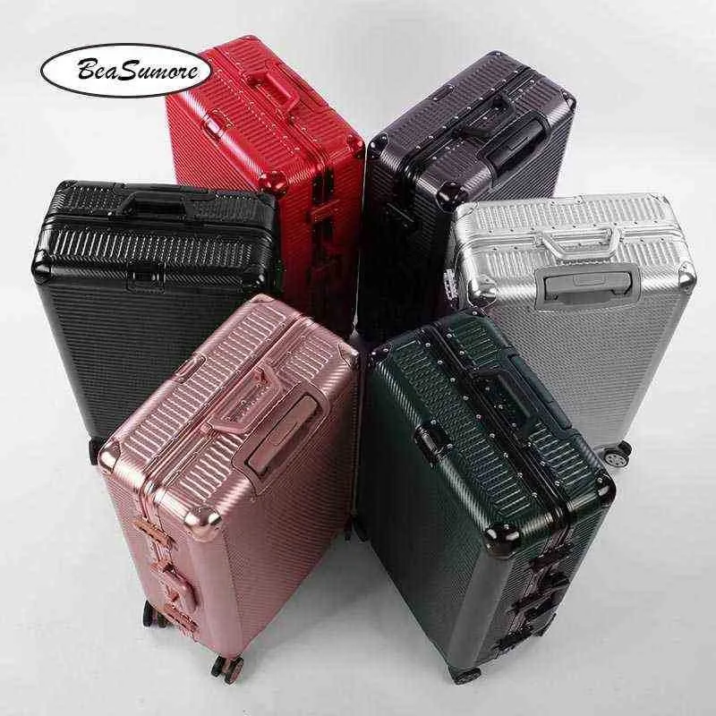 Beasumore New Weave Pattern Rolling Luggage Spinner Aluminum Frame Trolley Women Men Inch Cabin Suitcase Wheels J220707