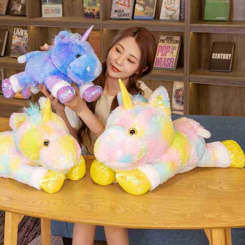 4060 cm super carino sdraiato peluche colorato unicorno giocattoli morbidi abbracci cavallo volante bambole cuscino cuscino del divano bambini bel regalo J220729
