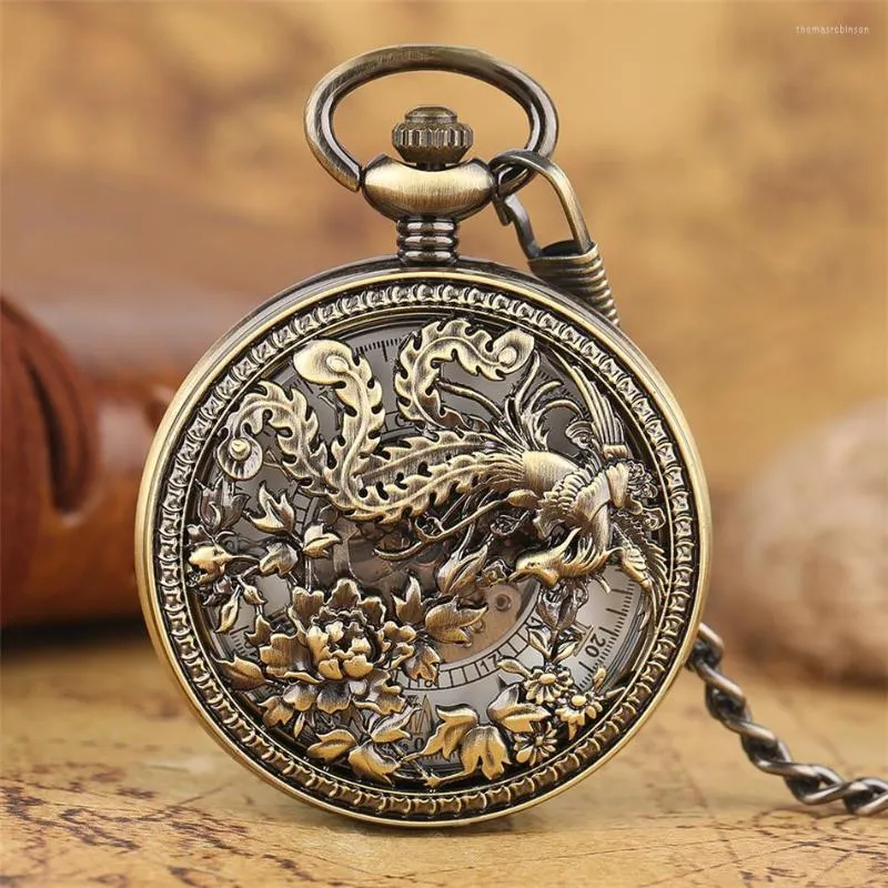 Pocket Watches Antique Bronze Exquisite Phoenix Skeleton Mechanical Watch Automatic Self Winding Pendant Clock Roman Numeral Dial