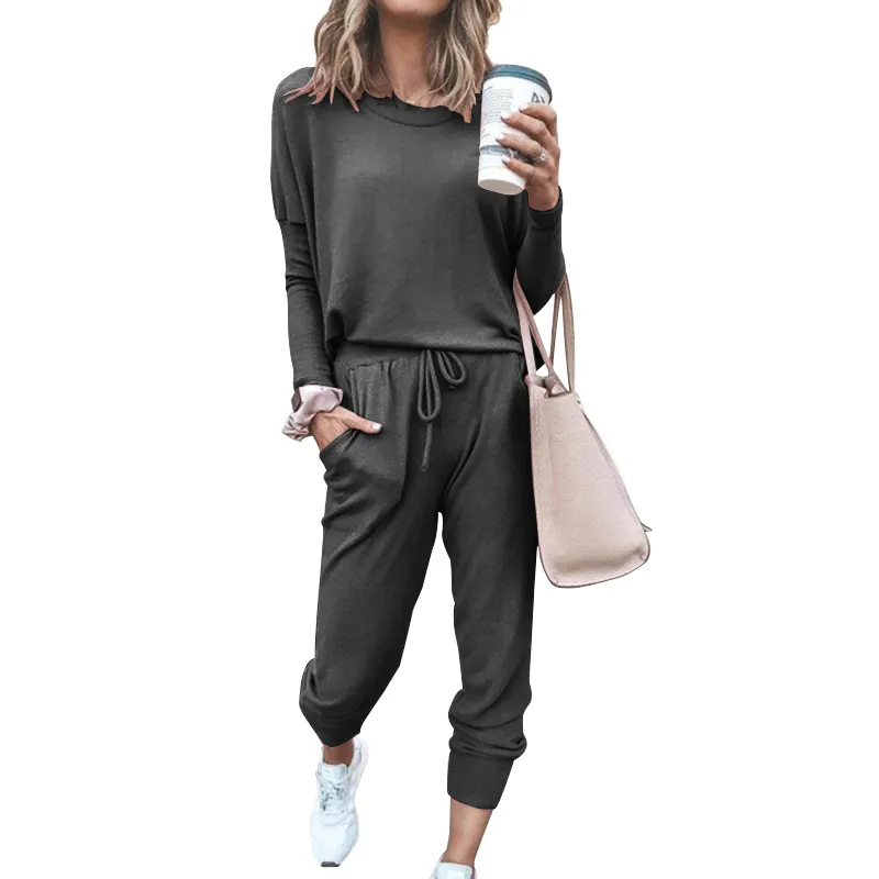Women s Two Piece Pants Set Long Sleeve Spring Autumn Women Casual Leisure And Top Ladies Solid Home Street Outfit Jogging Suits 221123