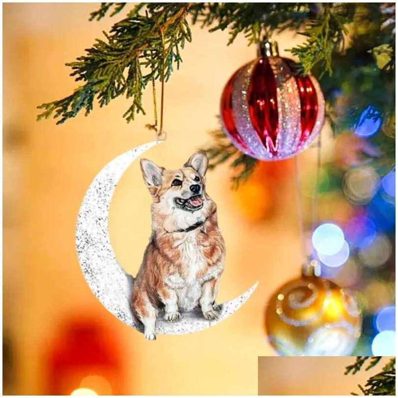 Christmas Decorations Christmas Decorations Creative Tree Pendant Wooden Pet Dog Sitting On The Moon Ornament For Xmas Home Bedroom Dhp2P