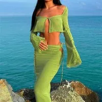 Tawnie Y2K See Through Maxi Skirt 2 Pieces Sets Long Sleeve Cardigan Crop Top Bodycon Long Skirt Women Summer Dress Sets 220511