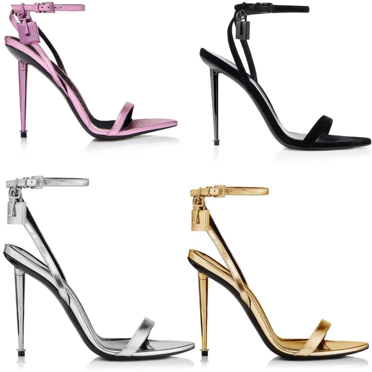 Luxury pop woman sandal padlock Lock 105mm gold heels pointy toe Ankle Strap sliver golds Sandals naked leathers sexy heel sandals 35-44EU