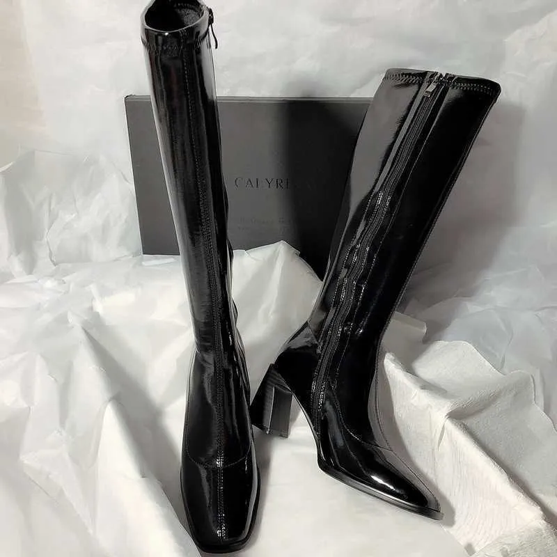 Çizmeler 2022 Yeni Moda Siyah Diz Yüksek Kadın Çizmeler Deri Tasarımcı Ayakkabı İnce Kadın Ayakkabı Kaya Kare Ayak Zip Kapatma Yüksek Çizmeler J220923