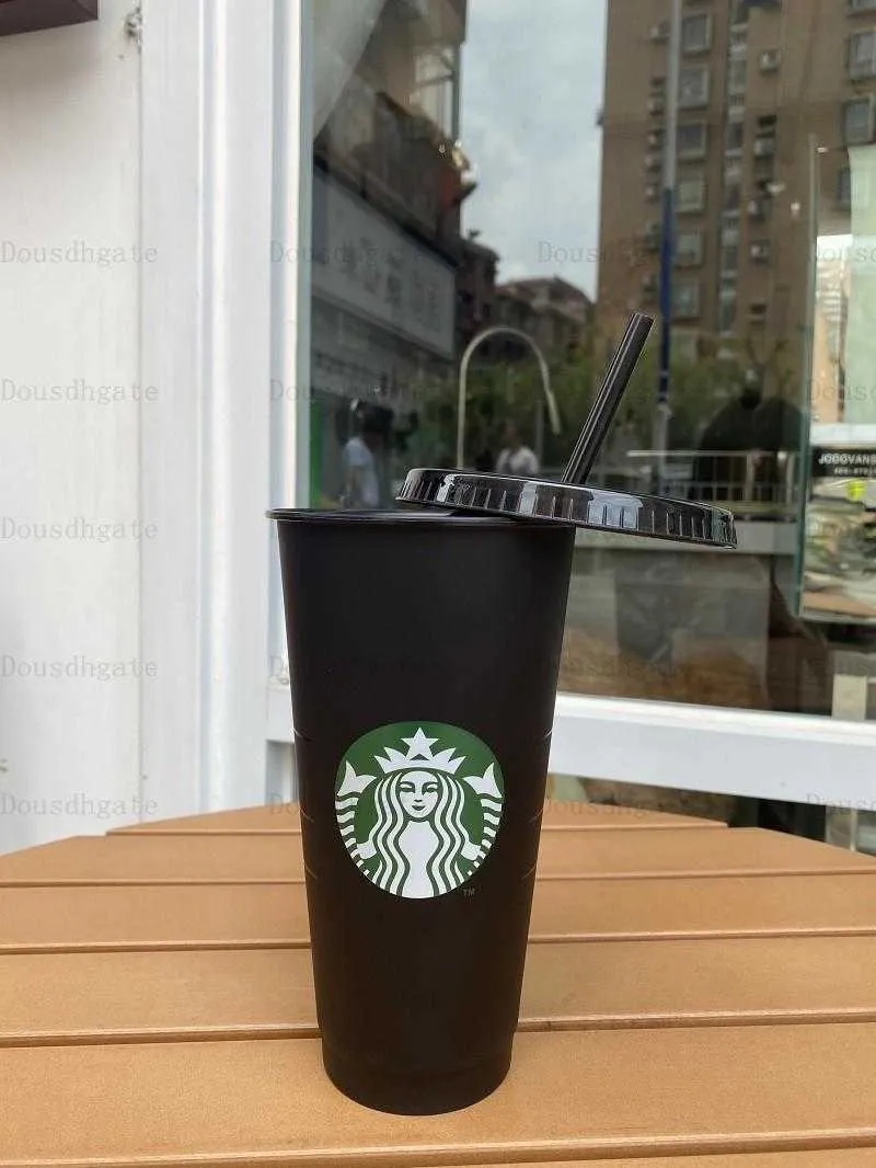 Starbucks 24oz/710ml Plastic Tumbler Reusable Black Drinking Flat Bottom Cup Pillar Shape Lid Straw Mug free DHL