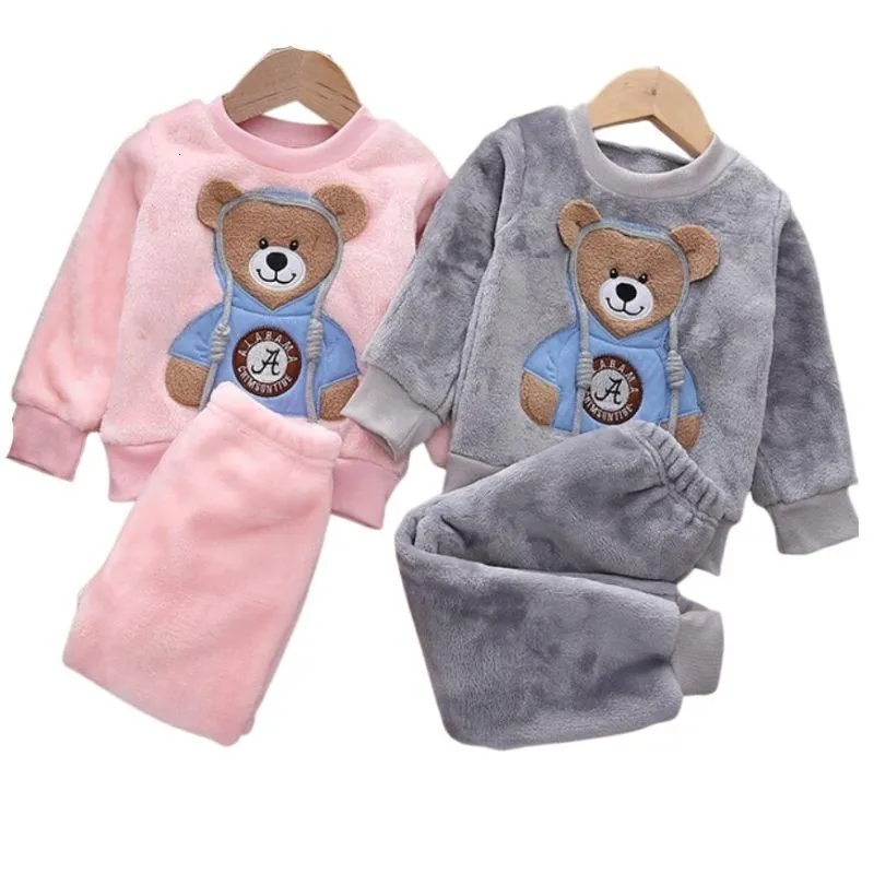 Pajamas Baby Boy Girl Clothes Set Thick Flannel Fleece Toddler Child Warm Catoon Bear Sleepwear Kids Home Suit AutumnWinter 221124