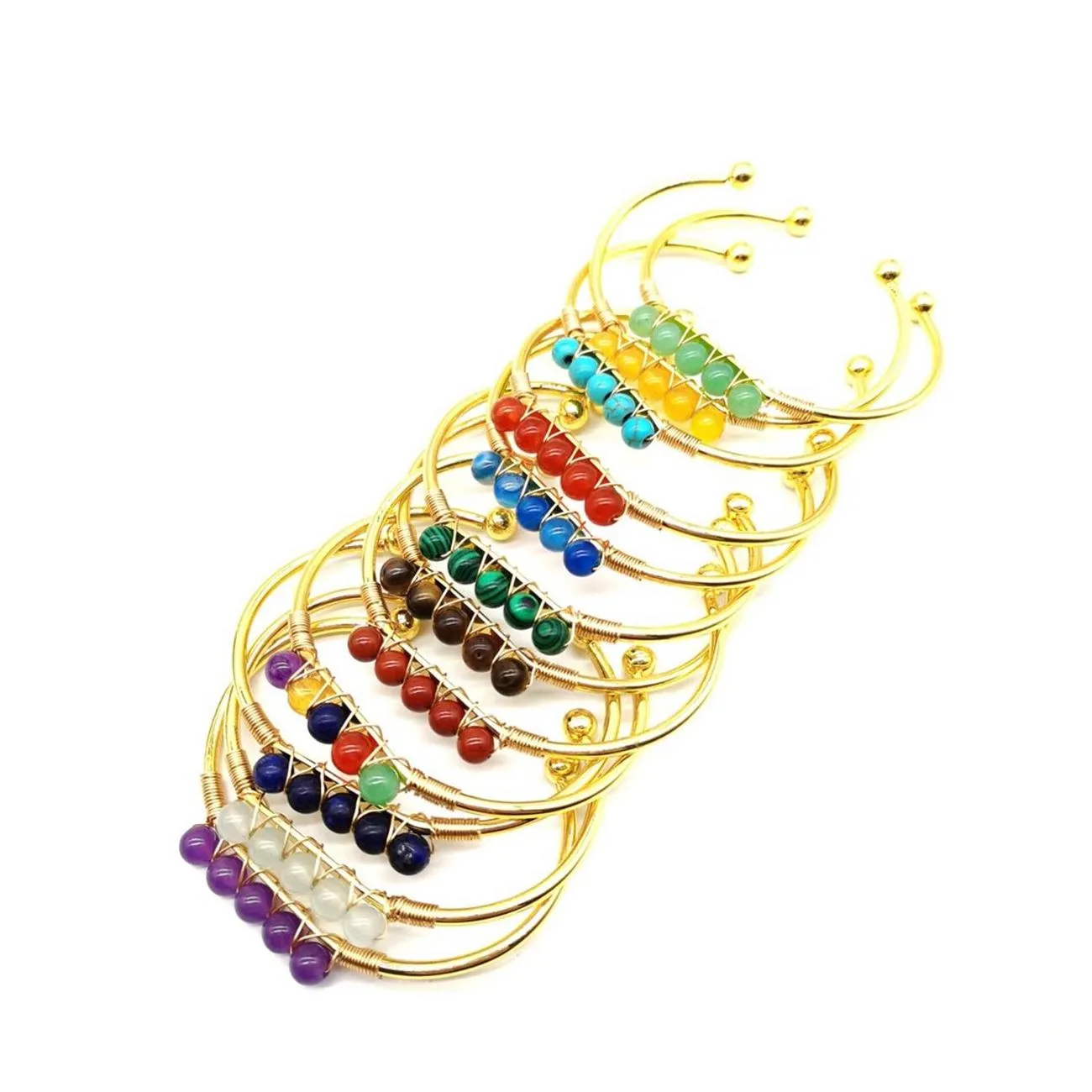 Cuff 6Mm Round Gemstone Cuff Bracelet For Women Girls Handmade Gold Wire Woven Lift Of Tree Healing Chakra Crystal Friendship Bangle Dh7Lh