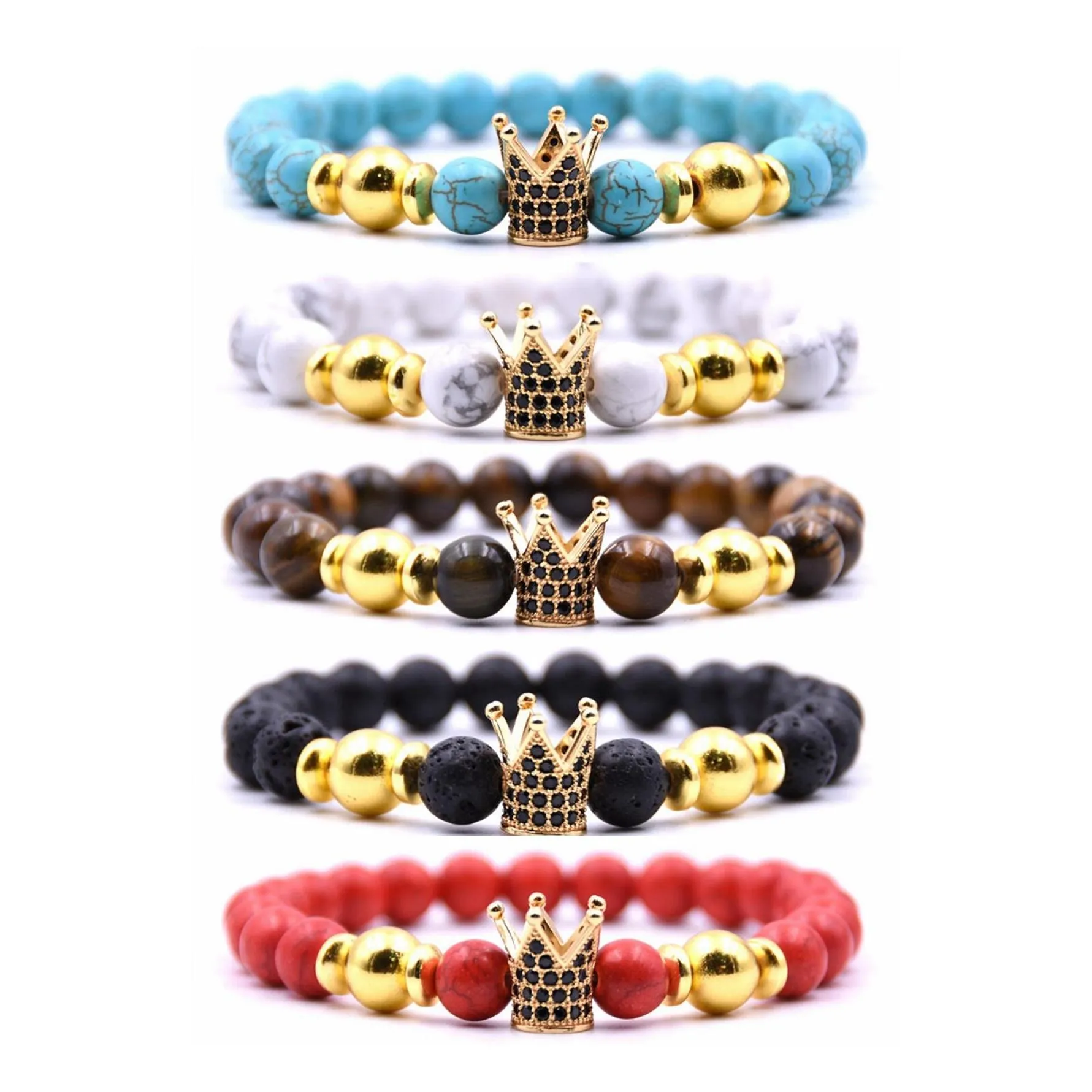 Perlen Gold Crown Perlen Paar Stränge Armbänder Männer und Frauen Microinlaid Zirkon Yoga Chakra Schmuck Armreif Drop Lieferung Dhnwr