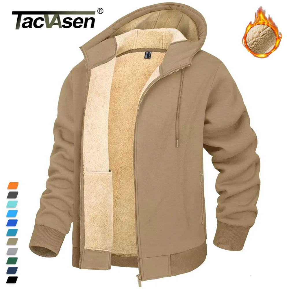 Moletons masculinos moletons tacvasen forro de lã de lã de inverno masculino sherpa jaquetas à prova de vento com casacos quentes de zíper quente escalando com capuz