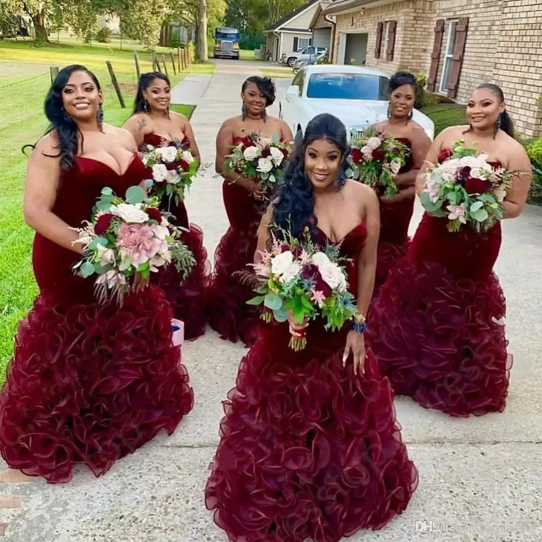 Burgundy Velvet Bridesmaid Dresses Cascading Ruffles Mermaid Sweetheart Sleeveless Long Wedding Party Gowns for Black Girls 2024