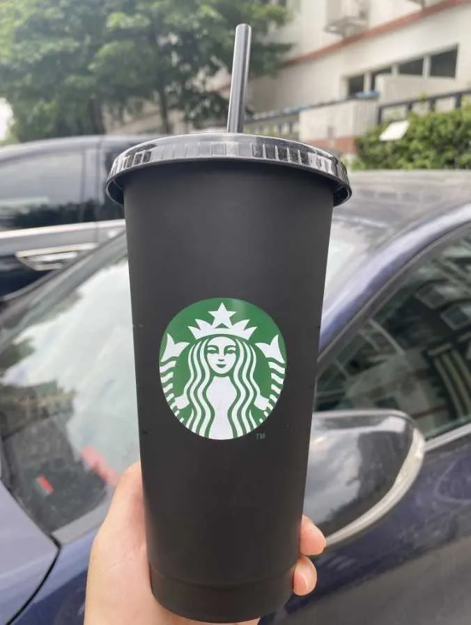 Starbucks Sirène Déesse 24oz/710ml Tasse En Plastique Gobelet Réutilisable Noir Potable Fond Plat Pilier Forme Couvercle Tasses De Paille B7UQ