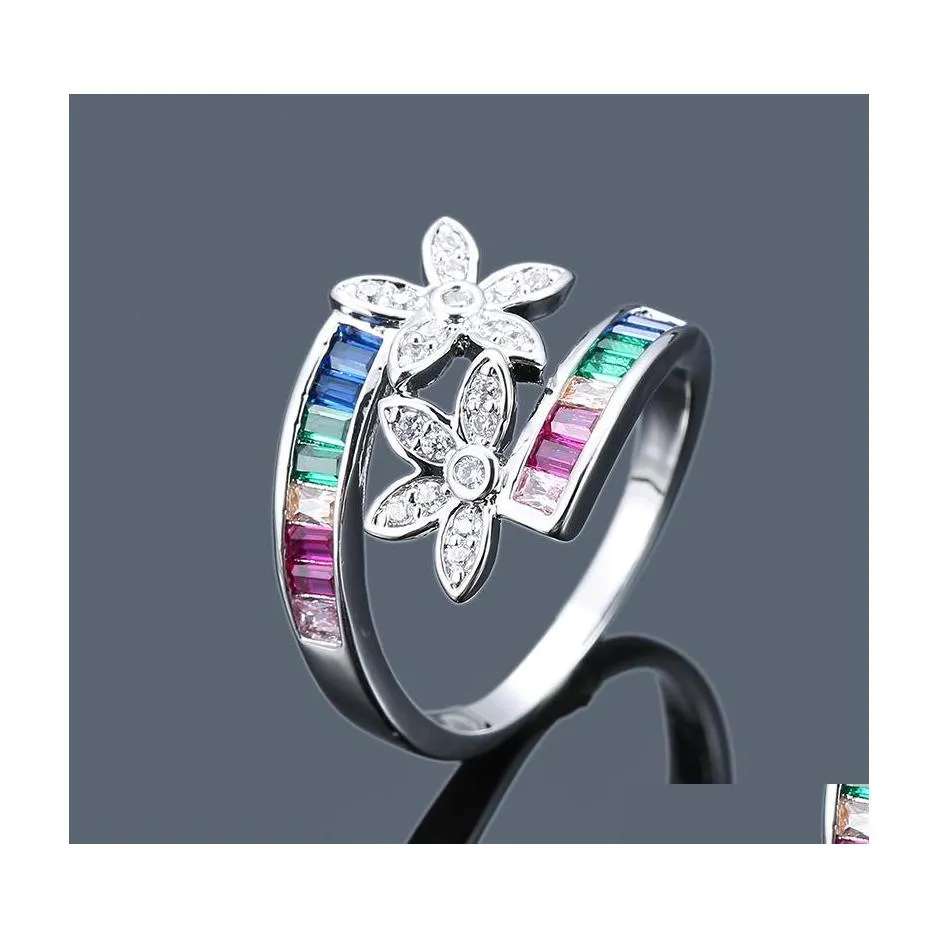 Bandringar design regnb￥ge blomma cz ring kvinnor br￶llop g￥va guld f￤rg l￤mnar ￶sterrikiska zirkon mode kristallringar smycken grossist dhpbj