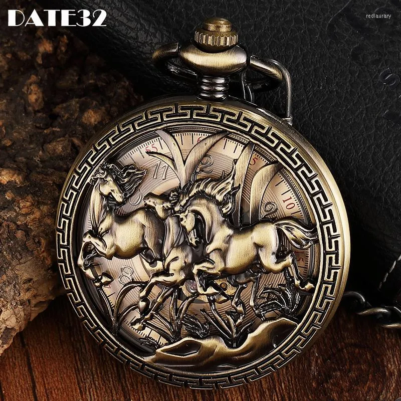 Pocket Watches Mechanical Watch Antique Skeleton Dial Fob Chain Hanging Luxury Two Horse Waist Clock With Gift Box For Men Drop