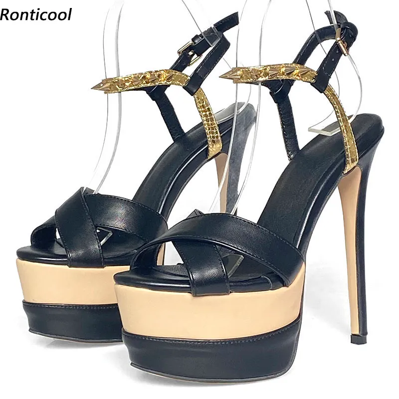 Ronticool New Women Platform Summer Sandals Studded Faux Leather Stiletto Heels Open Toe Elegant Black Club Shoes US Size 5-20