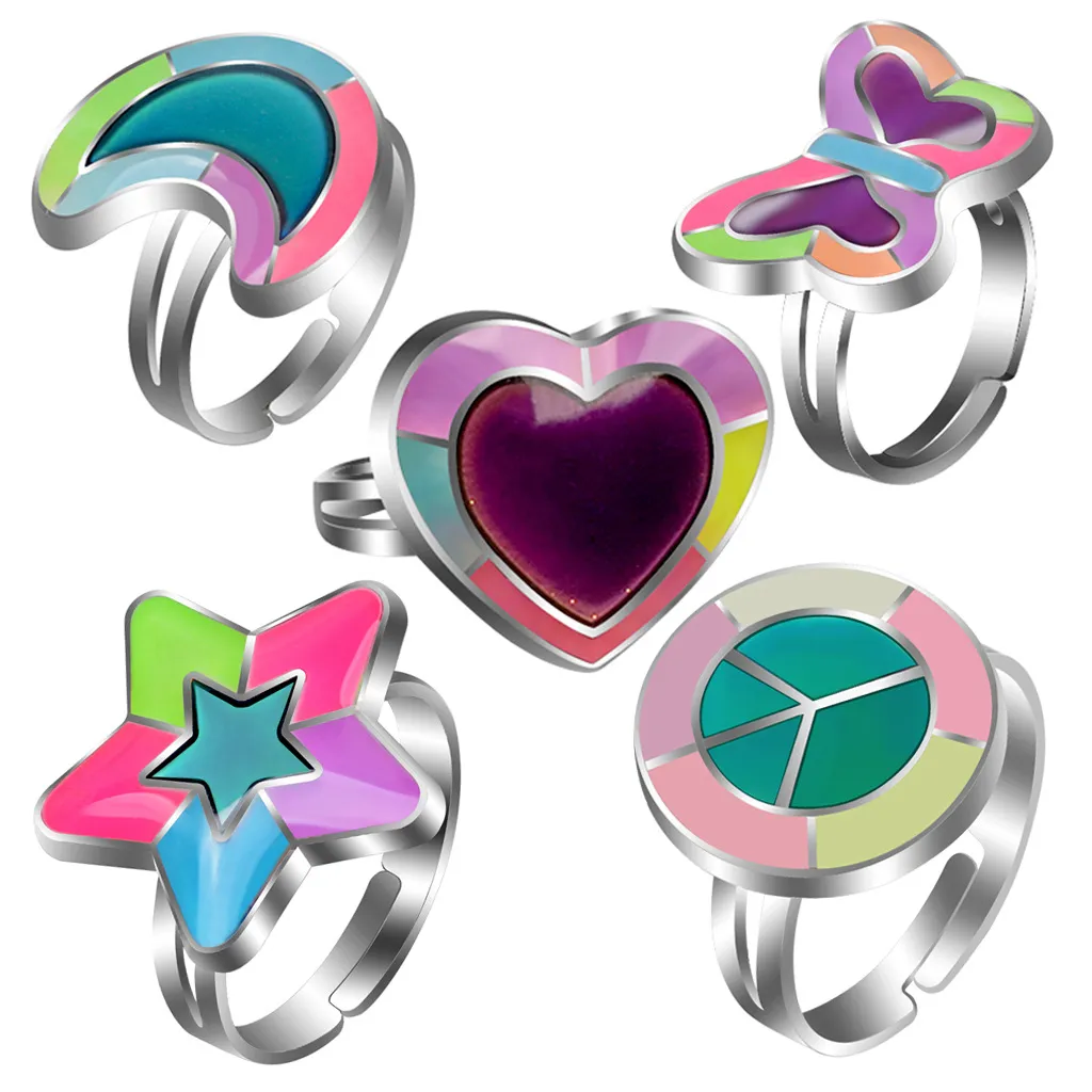Glow In The Dark Luminous Rings Band Heart Love Butterfly Moon Pentagram Peace Charm Adjustable Temperature Mood Change Color Rings Fashion Jewelry