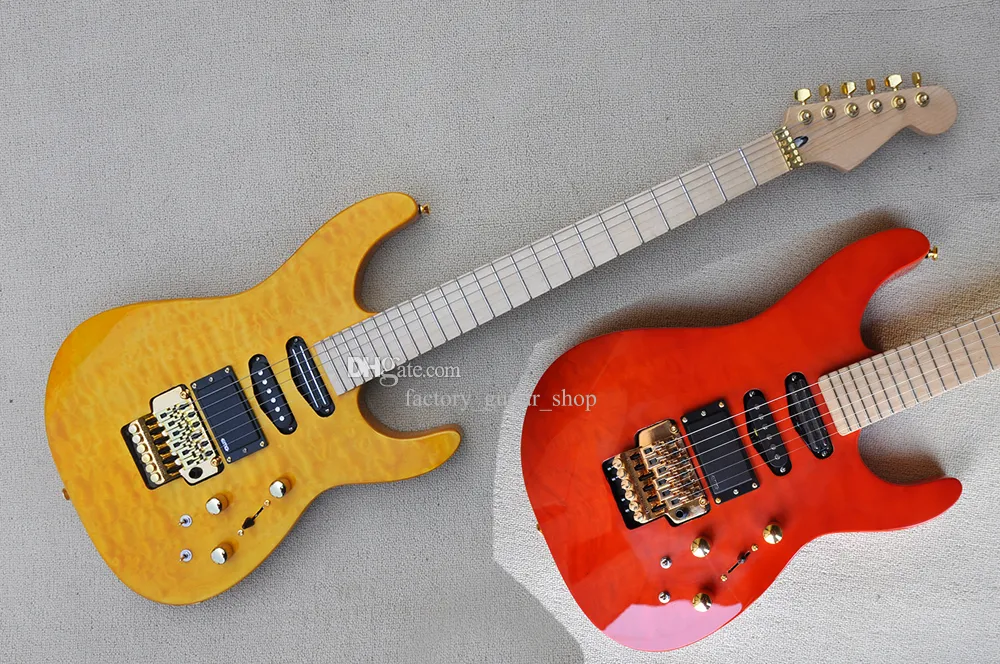 Chitarra elettrica rossa gialla su ordinazione della fabbrica con l'hardware dell'oro della tastiera dell'acero del ponticello di Floyd Rose Può essere personalizzato