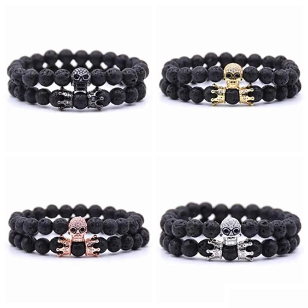 Kralen 10 stc/set lava stenen skelet armband kralen voor mannen vrouwen met kubieke zirkoon dubbele kroon natuurlijke handgemaakte sieraden dro dhgarden dhgml