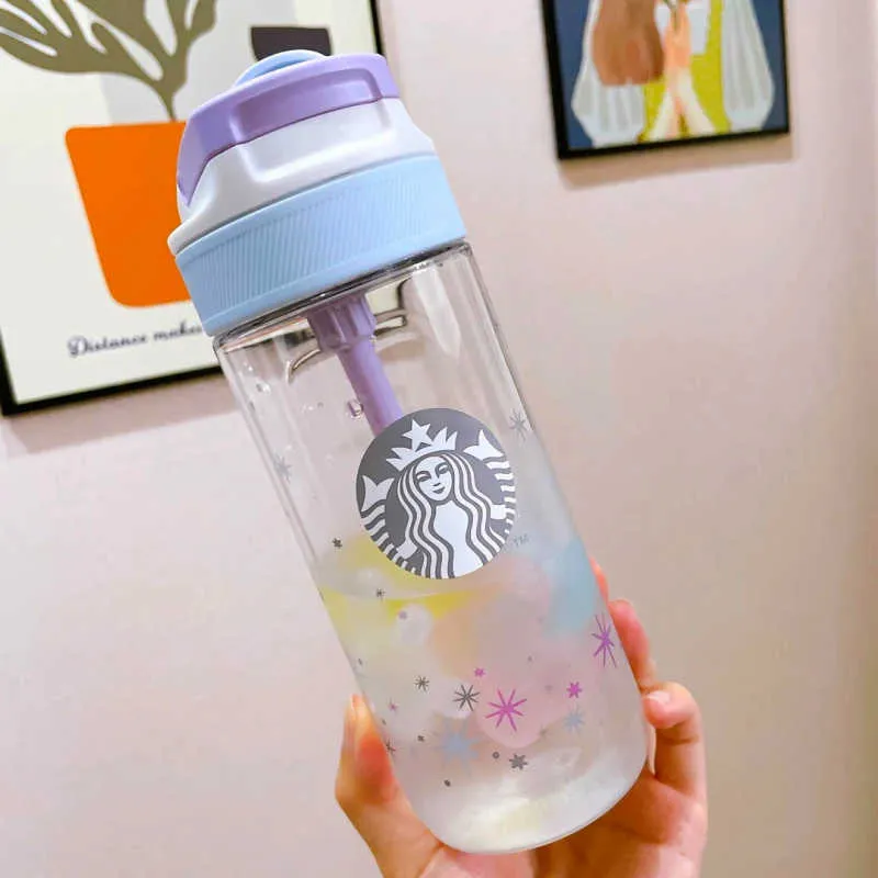 22SS Starbucks Tumblers Yaz Yıldızı Mor Soğuk Kambukka Flip Dış Mekan Taşınabilir Saman Su Kupası 520ml 5nx1