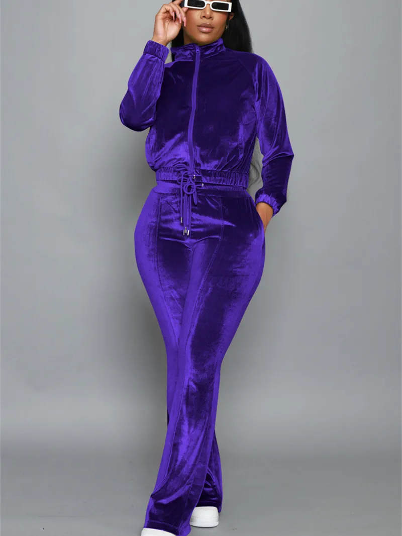 Fashion Two Piece Set for Women Velvet Tracksuit Fall Clothing Zip Crop Top  Flare Pants Suits Sets Velour Sweatsuit Matching Set
