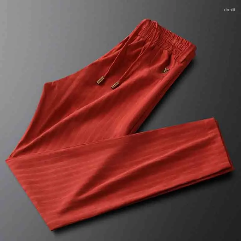 Men's Pants Red Trend Vertical Stripes Handsome Men's Sports Casual Summer Thin Section Knitted Sweatpants
