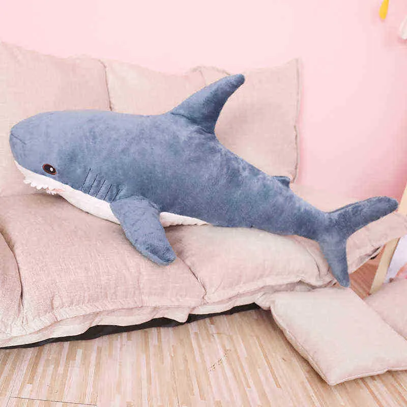 138 cm de grande tubarão de tubarão macio de tubarão de tubarão de pelúcia boneca de boneca de almofada de brinquedos para Ldren Girl Birthday Gift J220729