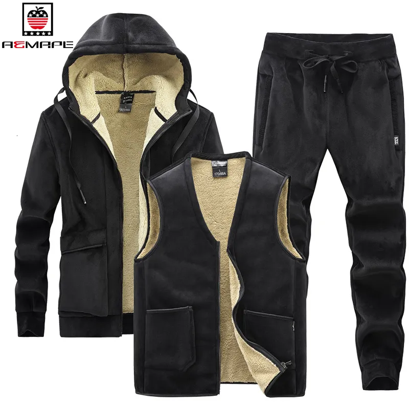 Mens Tracksuits Winter Plus Velvet Thick Lamb Cashmere Hoodiesvestspants Threepieces Set Warm Casual Wool 221124