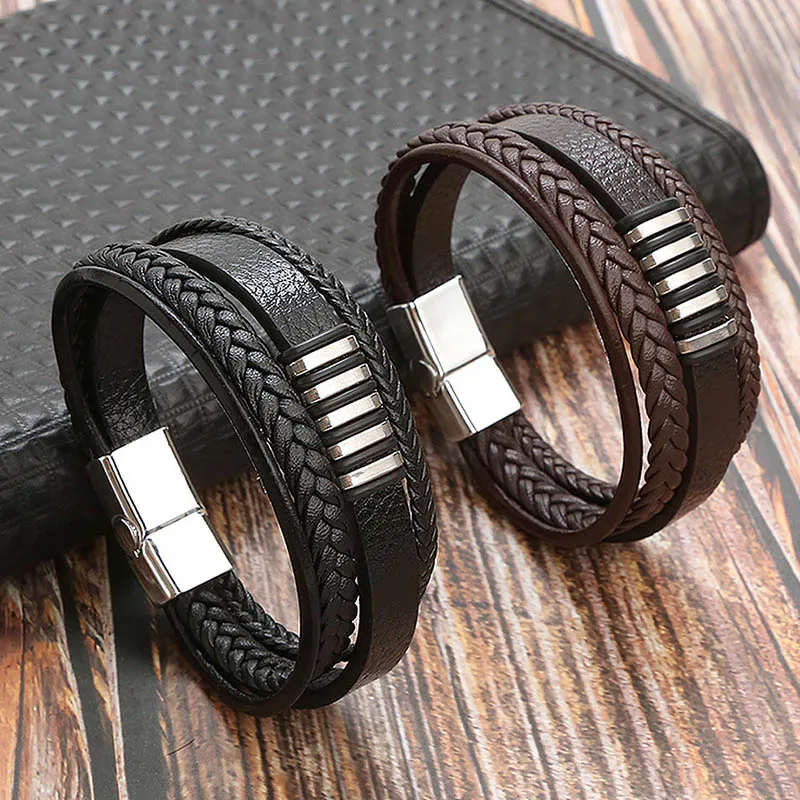 Multilayer Leather Wrap Armband Bangle Cuff Metal Clasp Armband för kvinnor Fashion Jewelry