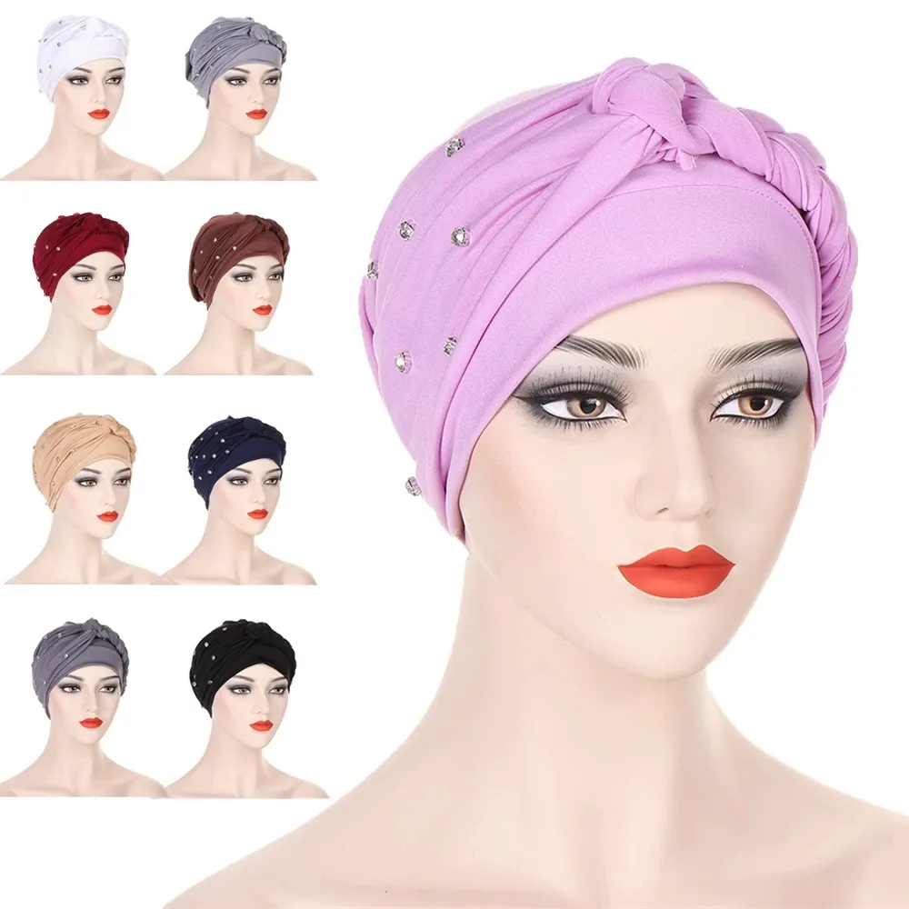 Muslim Women Hijab Hat Cancer Chemo Cap Braid Rhinestone Turban Headscarf Islamic Head Wrap Lady Beanie Bonnet Hair Loss Cover