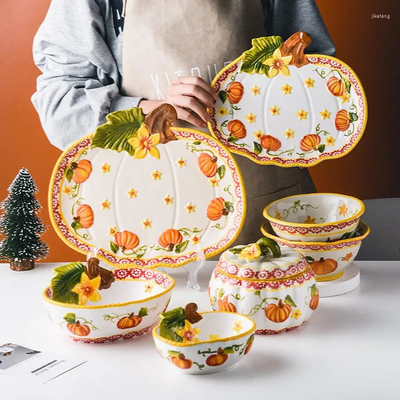 Ciotole Ciotola Di Zucca Creativa Ceramica E Set Di Piatti Tazza Di Zuppa Di Stufato Con Coperchio Grande Tagliatella Stoviglie Di Halloween