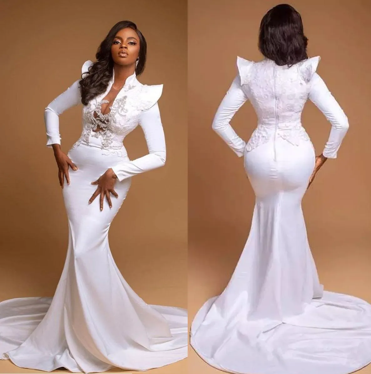 White African Mermaid Evening Dresses with Long Sleeve 2023 Sexy V-neck 3D Floral Lace Aso Ebi prom occasion Gown