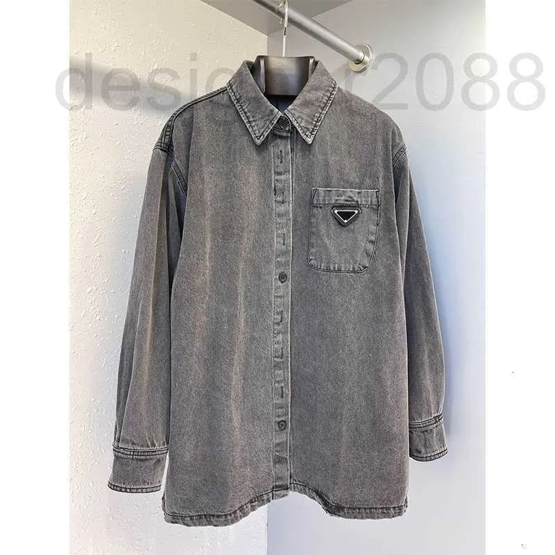 Women's Blouses & Shirts designer 2022 Spring Autumn Female Fashion Long Sleeves Casual Denim Pocket Shirt Women Solid Grey Color Design HPC2