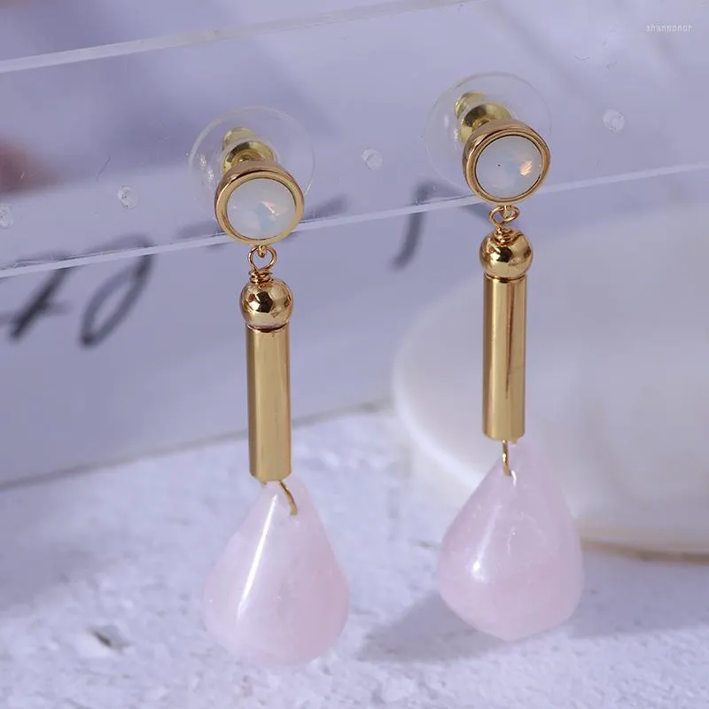 Boucles D'oreilles Tendance Européenne Et Américaine Bijoux En Gros De Mode Conception Simple Sens Longue Pierre Rose Incrustée Pour Les Femmes