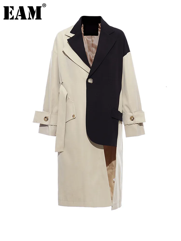 Femmes Mélanges EAM femmes kaki grande taille asymétrique Trench revers manches longues coupe ample coupe-vent mode printemps automne 1K912 221124