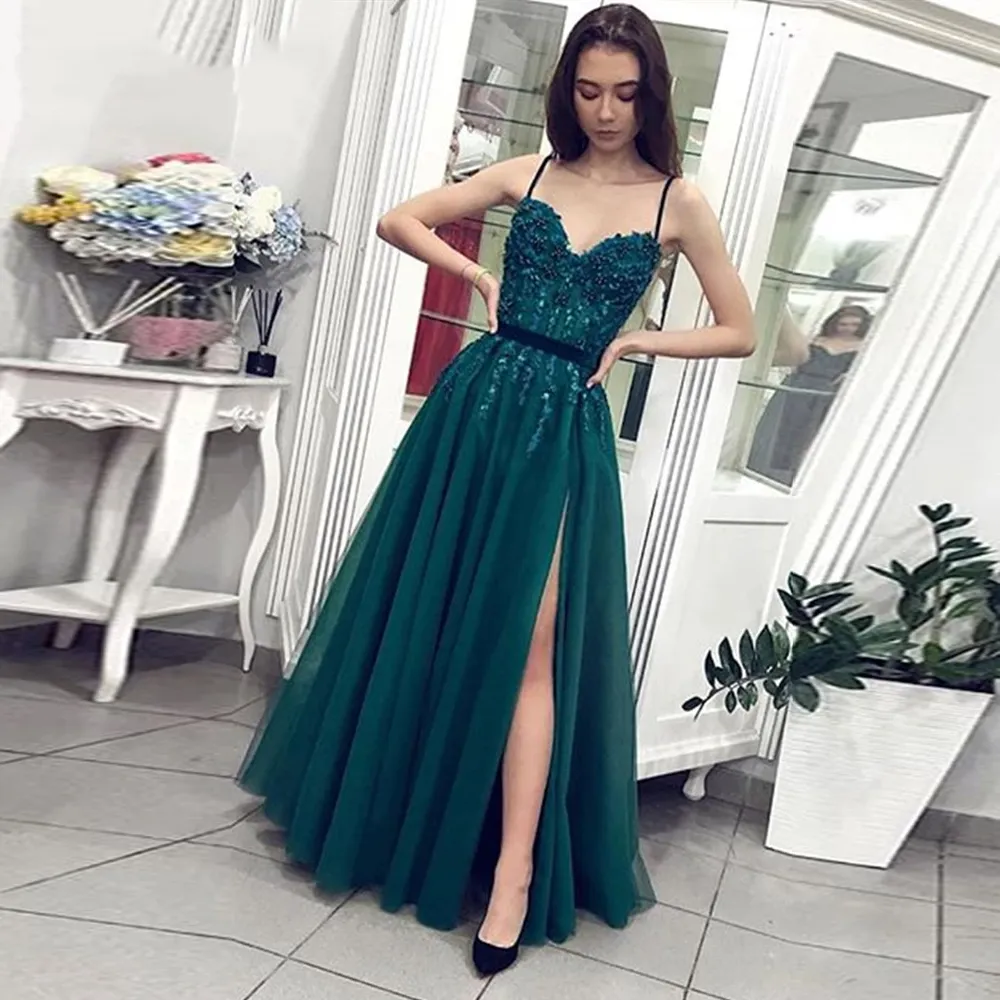 Green Spaghetti Straps Woman Dress Maxi Long Elegant Evening Party Sweetheart A-Line Green Tulle Prom Gown Hot