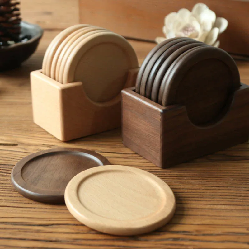 Other Kitchen Dining Bar Wooden Bamboo Coasters 6PCS with Holder for Glass Cups Mat Tea Cup Holder Beech wood Dark Walnut Home Decor Luxury Style 221124