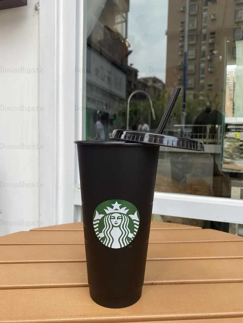 Starbucks 24 unz/710 ml plastikowy kubek wielokrotnego użytku Czarne picie Płaskie dolne kubek Kształt Kształt Słomka Kubek 30pcs 1 1I6Y