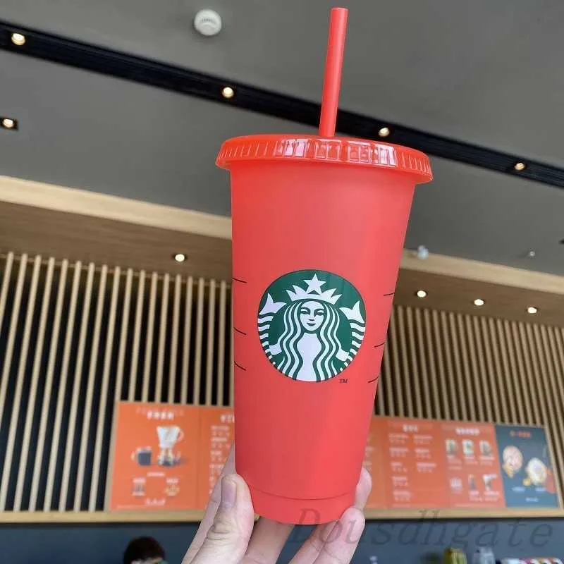 Novo alteração de cor de 24 oz copos de suco de plástico com luto e palha de caneca de caneca de caneca de caneca Starbucks alterando a copo de plástico gwvs