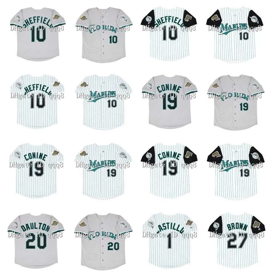 College Baseball porte un maillot de baseball vintage de Floride 1997 10 Gary Sheffield 20 Darren Daulton 19 Jeff Conine 24 Bobby Bonilla 27 Kevin Brown 1 Luis Castillo 28