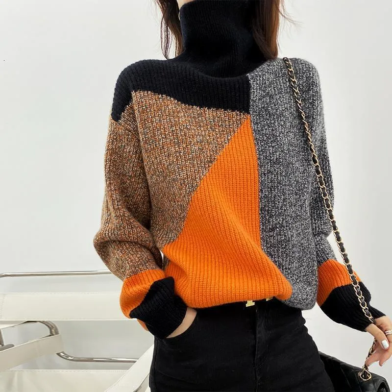 Women's Sweaters European Station Retro Stitching High Neck Women Loose Lazy Style Floral Yarn Sweater Knitting 221123