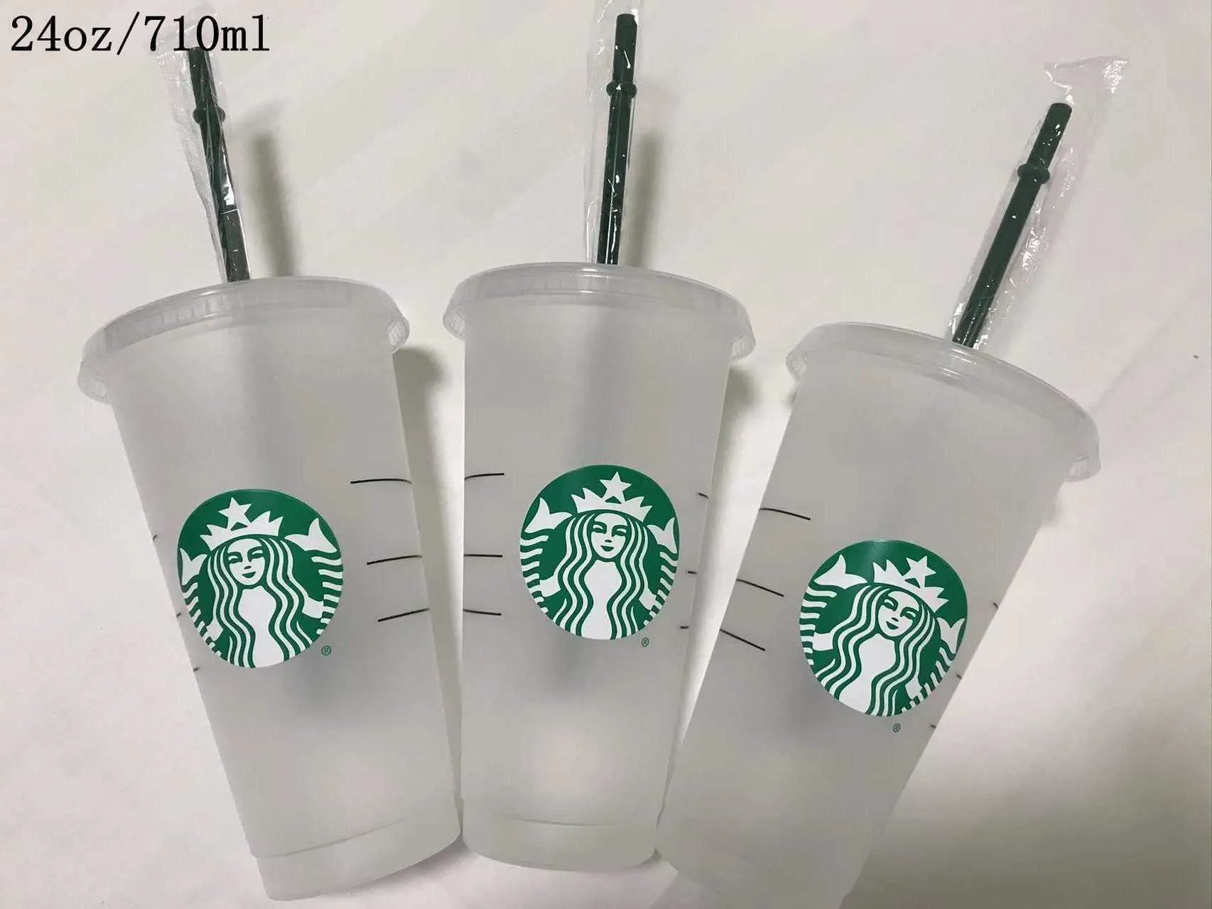 2022 Starbucks Mug 24oz/710ml Environmental Angel Goddess Bicchieri di plastica Riciclabile portatile resistente al calore Cannuccia Bevanda singola 10 pezzi 71EN