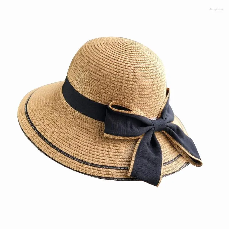 Chapéus largos de chapéus de palha de arco para mulheres verão 2022 ladies praia sunhat panamá casual viseira plana tampa sol dobrável com bowknot