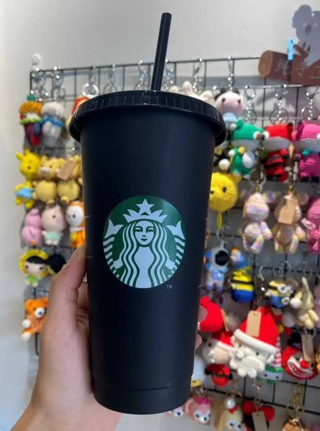 Starbucks 24oz/710ml Plastic Mugs Tumbler Reusable Black Drinking Flat Bottom Cup Pillar Shape Lid Straw Mug 66LA