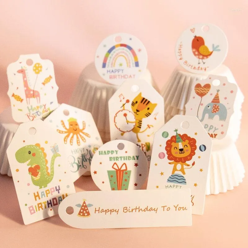 Wrap regalo 100pcs tag di buon compleanno etichette cartone animato borse per animali scatole appendere tag accessori fatti fai -da -te per feste a casa supplie