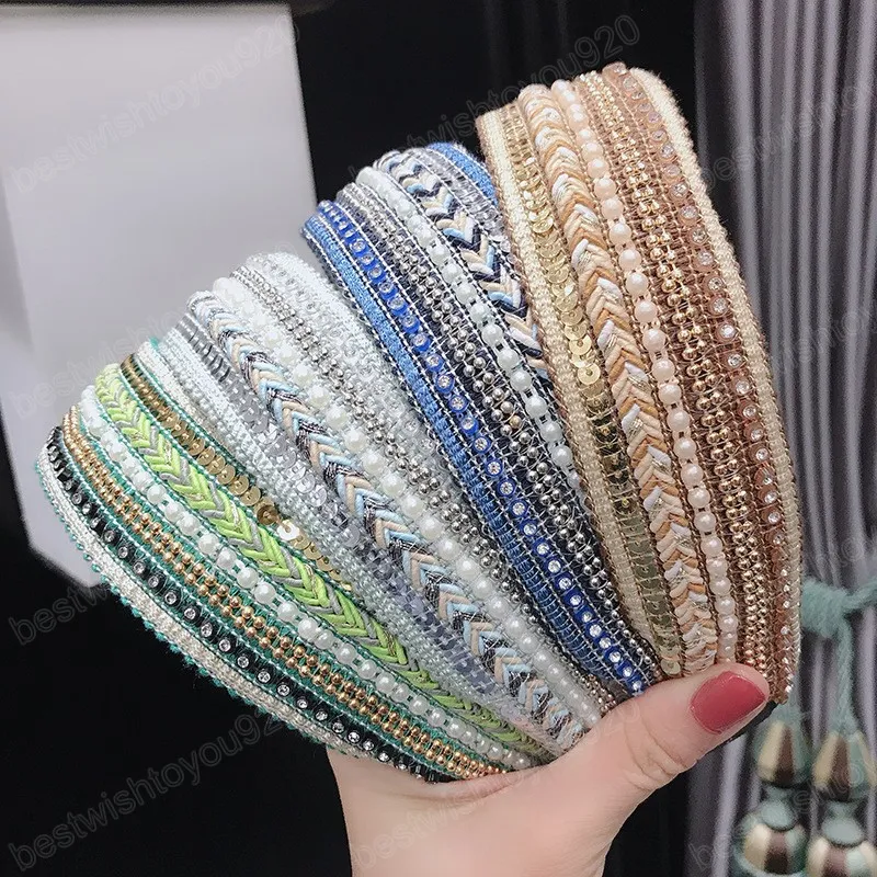 Classic Rhinestone Headbands Handmade Wide Head Hoops Sequins Pearl Beaded Elegant Hair Hoop Bohemia Women Hair Accessories