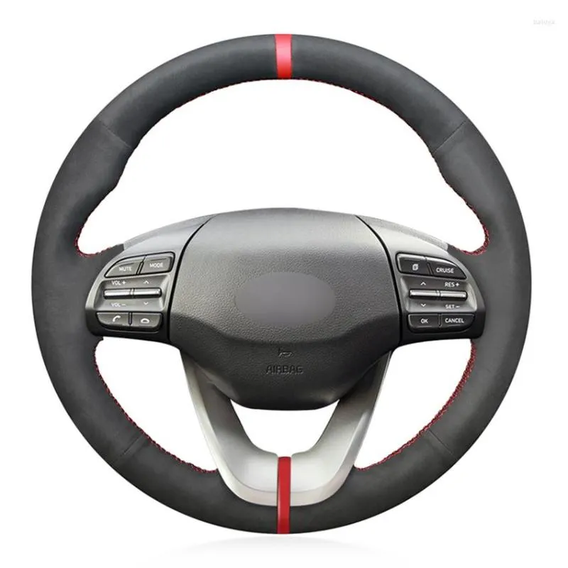 Housses de volant en daim noir marqueur rouge bâche de voiture cousue à la main pour Veloster 2022 I30 2022-2022 Elantra