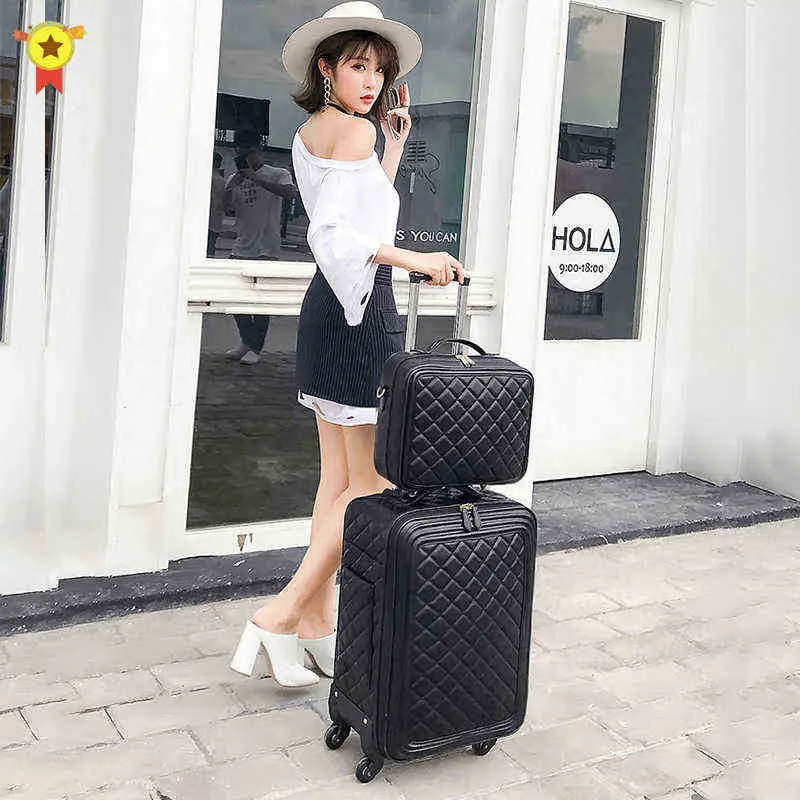 Leinasen Hot Selling Inch Women Cabin Leather Trolley Suitcase Spinner Hand Luggage On Wheels high Quality J220707