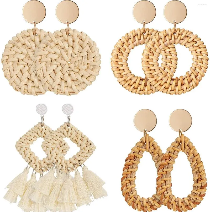 Boucles d'oreilles pendantes 4 paires en rotin léger géométrique tissé bohème fait à la main en paille tressée pour femmes et filles