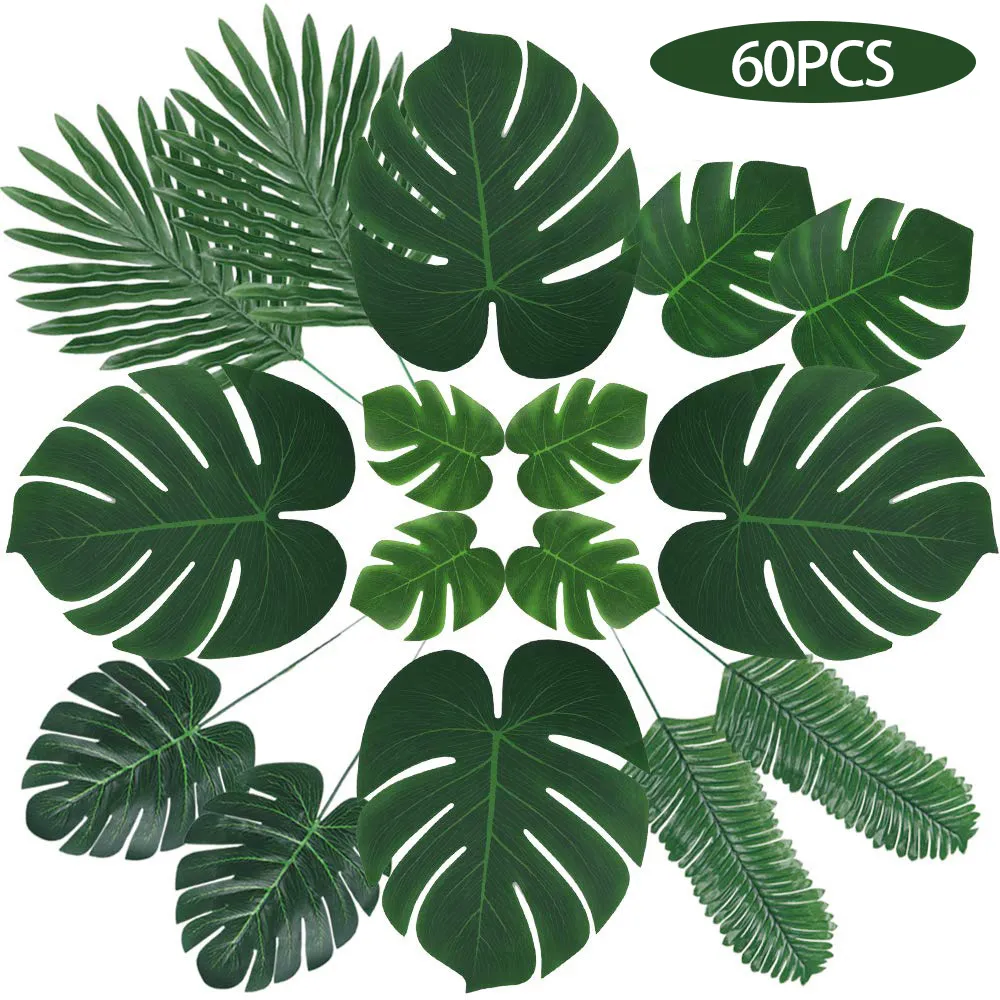 Greante floral falsa 60 pcs 6 tipos monstera folhas artificiais de palmeira caules tropicais decorações de festas havaianas Jungle Beach tem tema 221124