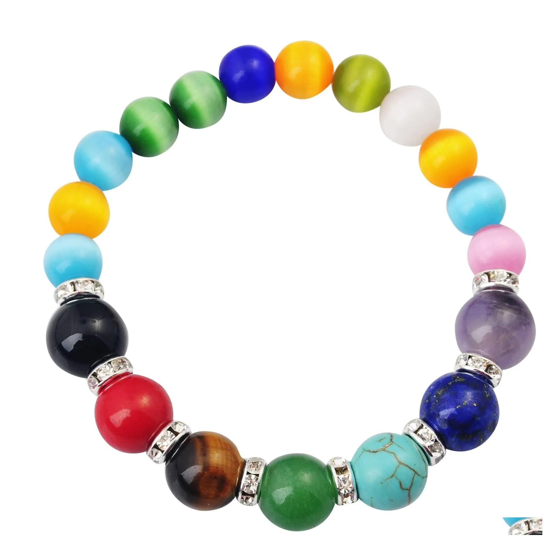 Bracelet perlé 7 chakras œil de chat, pierre ronde de 8Mm, cristal de guérison, Aura, bijoux pour dames, livraison directe, Dhu6B